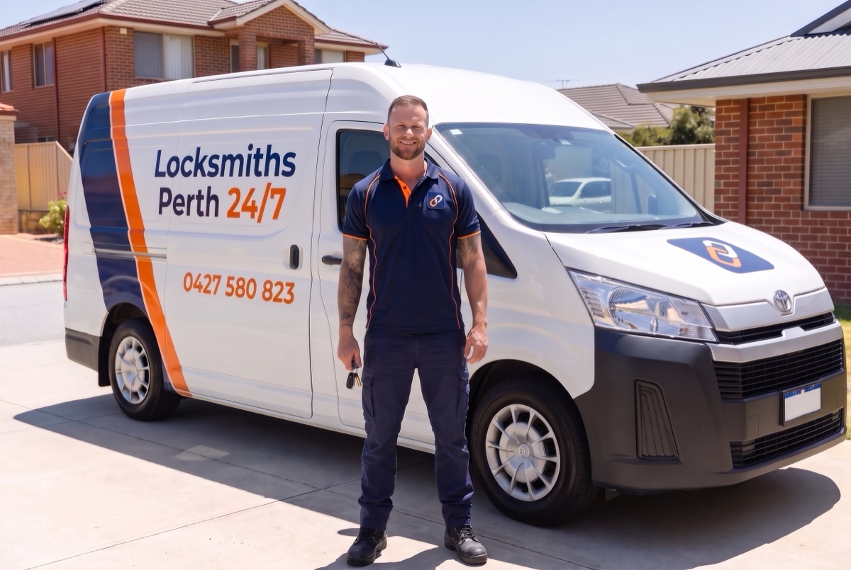 Magnus, owner of Locksmiths Perth 24/7, standing beside his mobile locksmith van in Duncraig