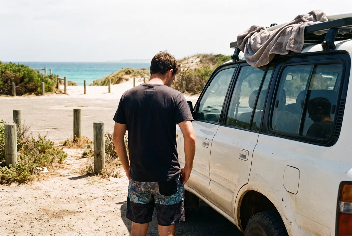 Person checking pockets beside a 4WD at a coastal car park