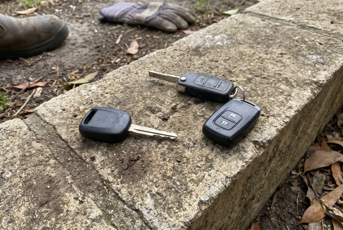 Three types of car key on a concrete step: transponder, flip remote and smart key
