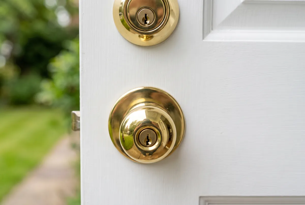 Standard brass entrance set knob and deadbolt on a white front door