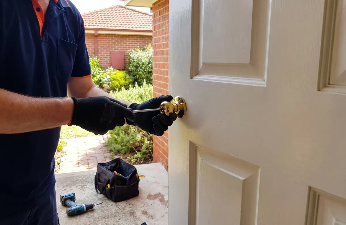 Locksmith fitting a knob entrance set to a timber front door