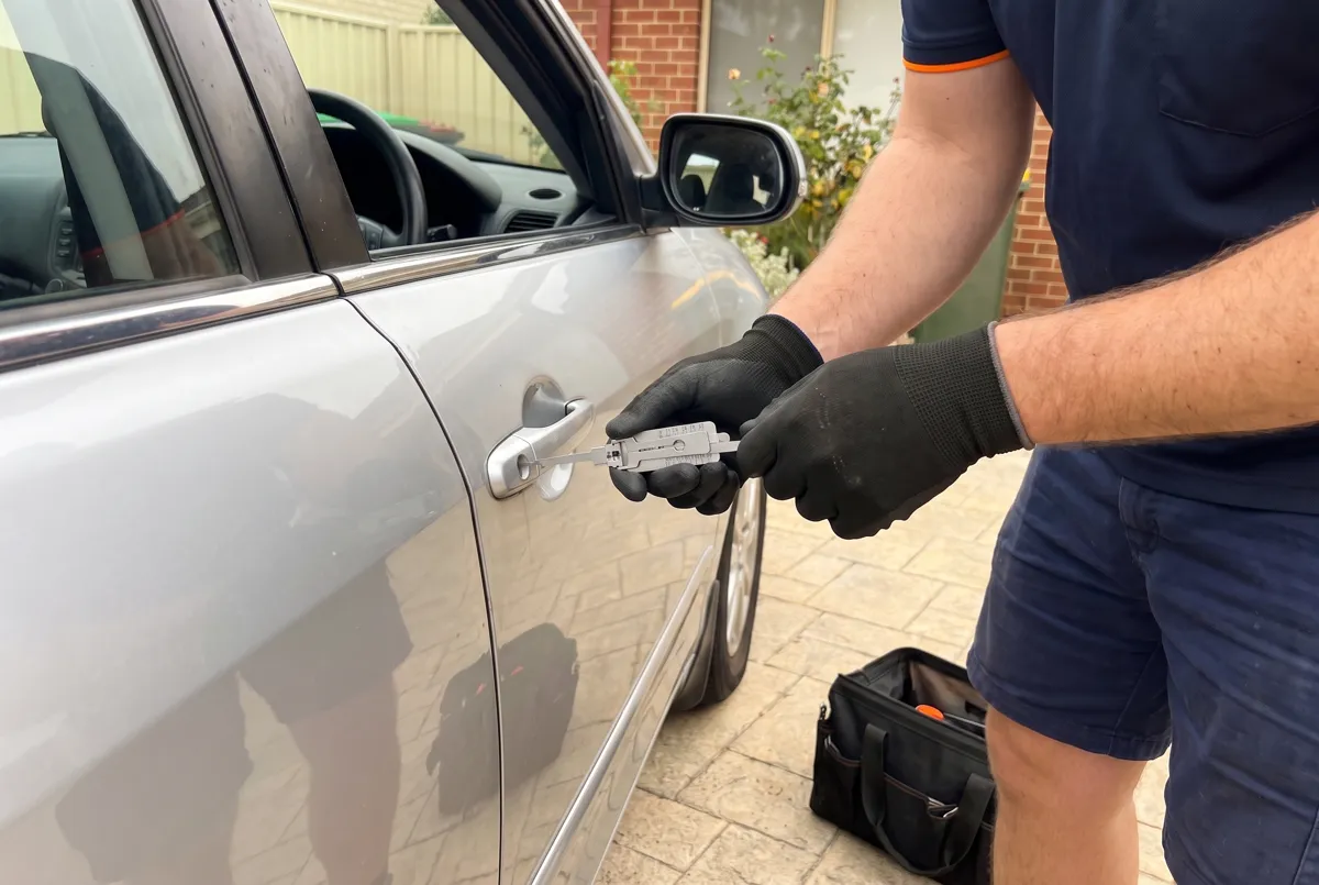 Locksmith picking a car door lock with a Lishi pick