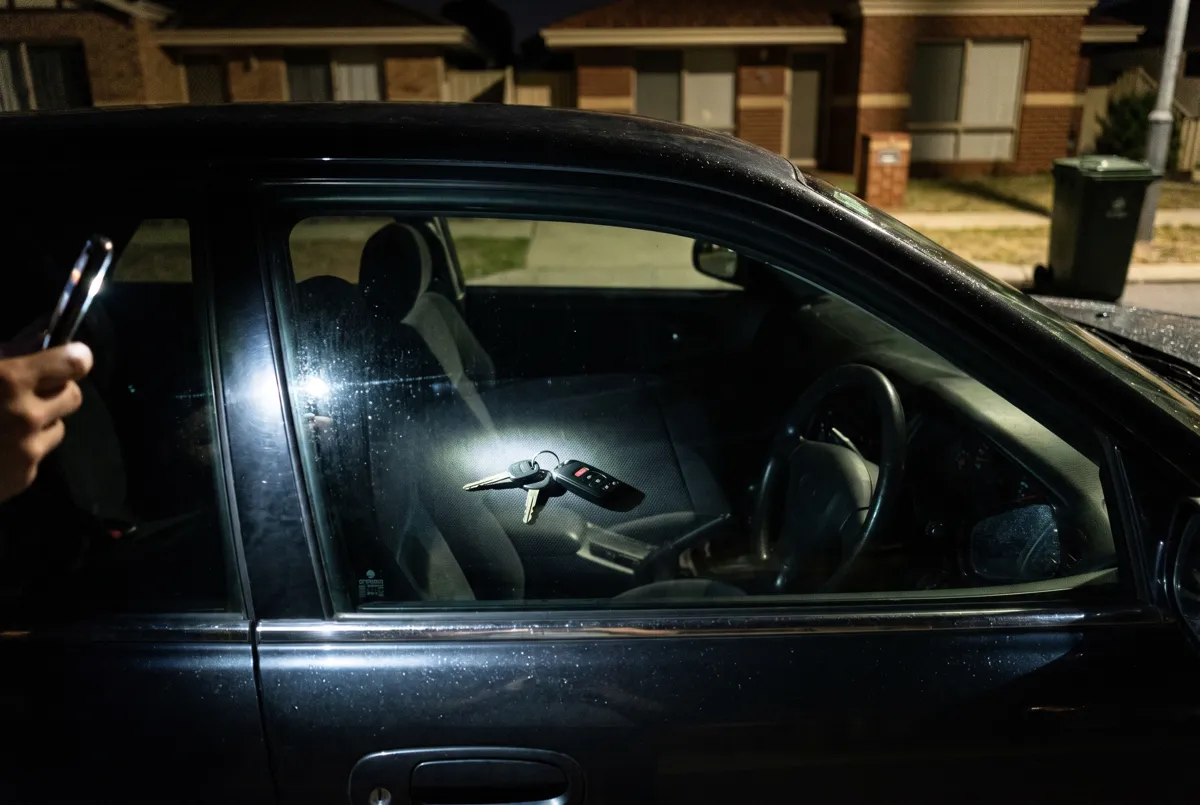 Car keys on the driver's seat of a locked car at night, seen through the window