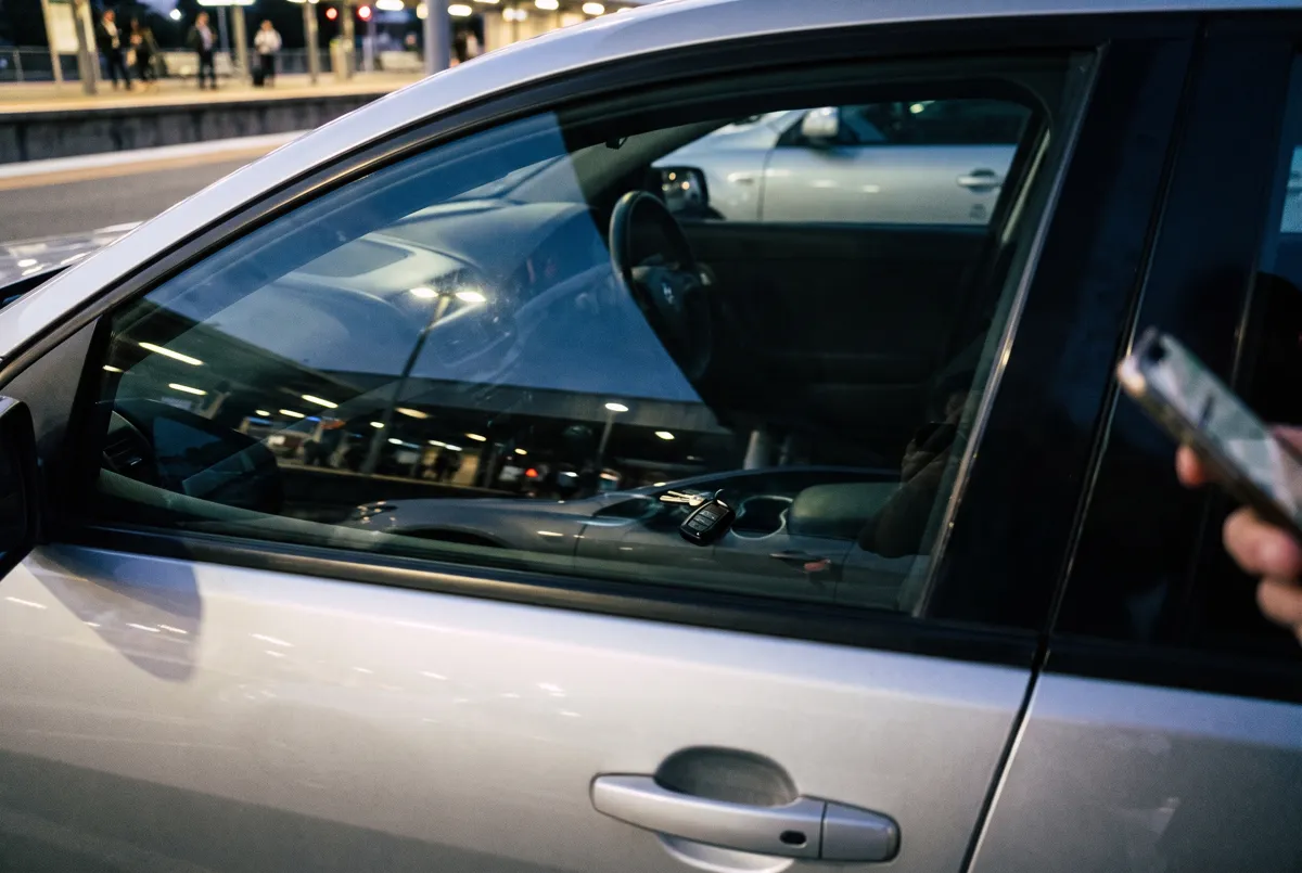 Car keys on the seat of a locked car at a train station car park, seen through the window