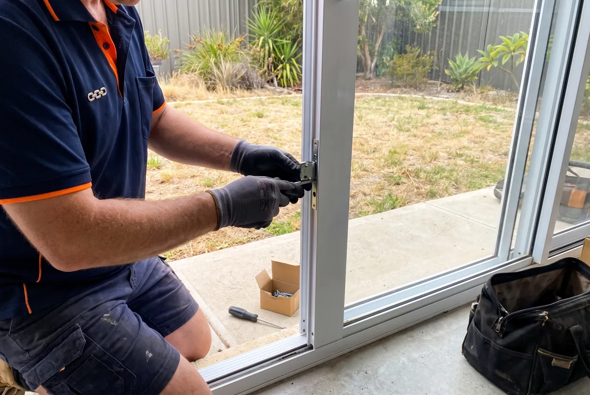 Locksmith fitting a sliding door lock