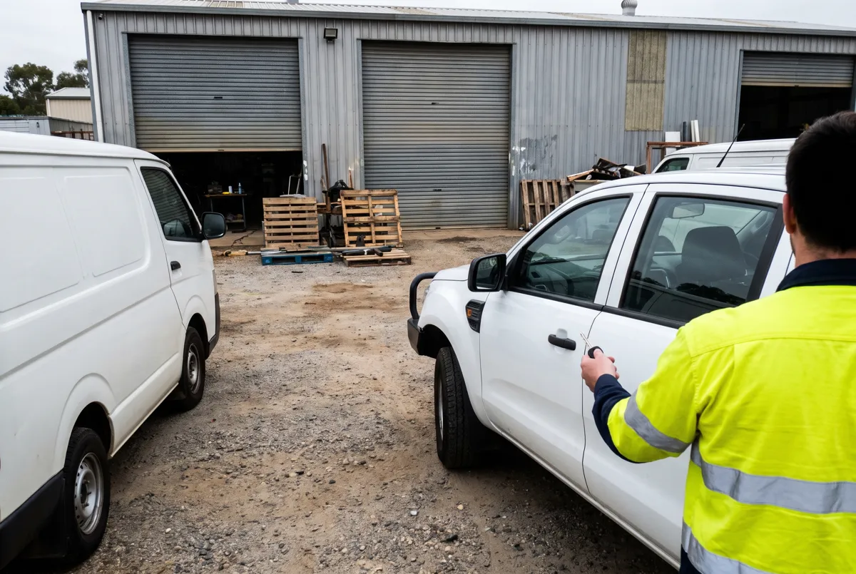 White ute and van at a Perth workshop yard