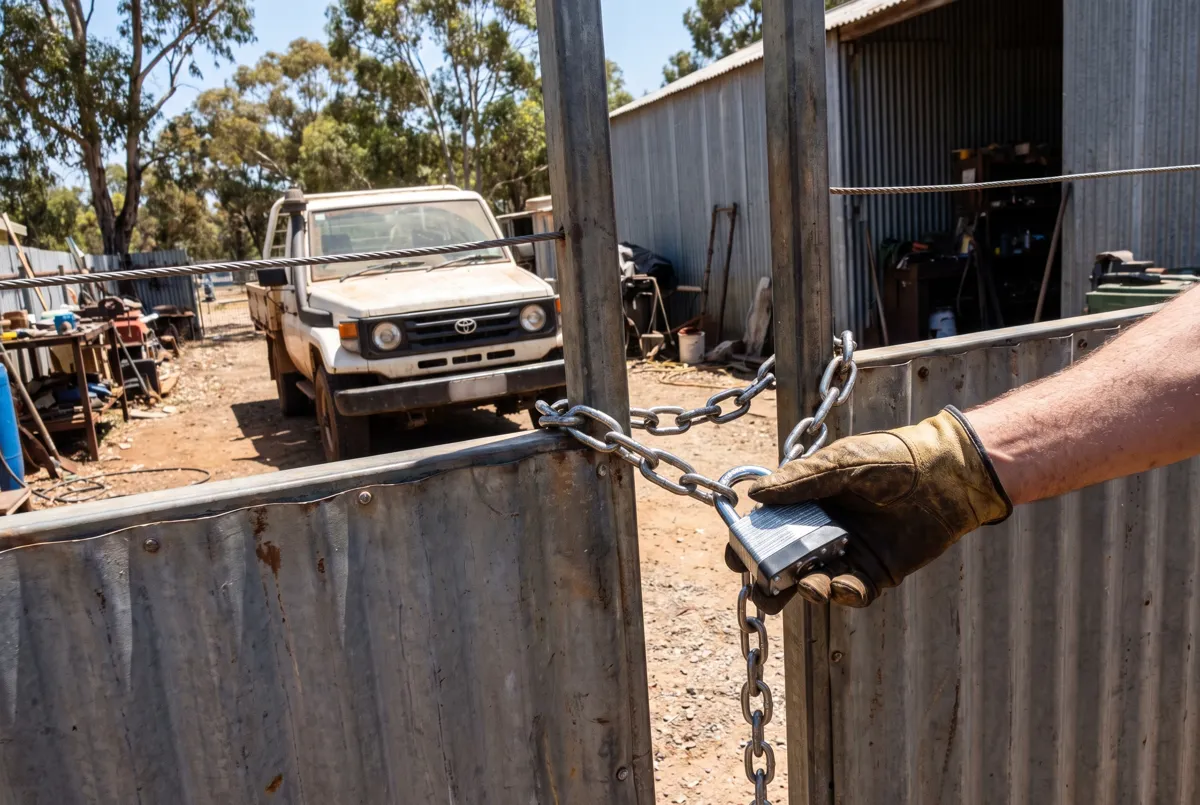 Padlock and chain on a workshop yard gate